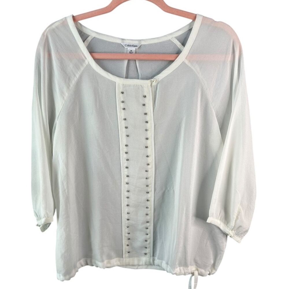 Calvin Klein Semi Sheer Blouse Cream Ivory Beaded Detail Top Size M